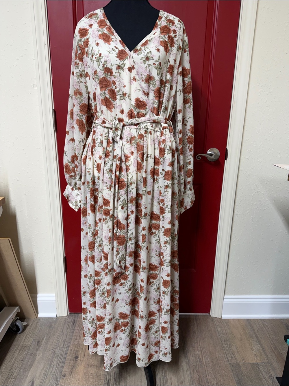 Floral V-Neck Long Sleeve Maxi Dress in Rust Floral
